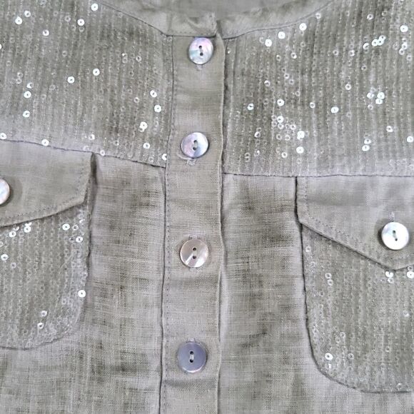 🔺️Soft Surroundings Olive Sequined Linen Long Sleeve Top XSmall - Picture 7 of 14